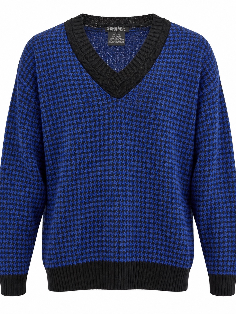 80s 90s Generra Collection Blue Black V-Neck Sweater XL Ramie Cotton Vintage